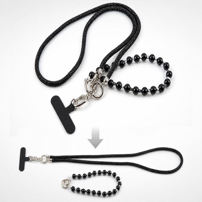 Cordón para teléfono con perlas y diamantes de imitación brillantes y cuentas de cristal desmontables.