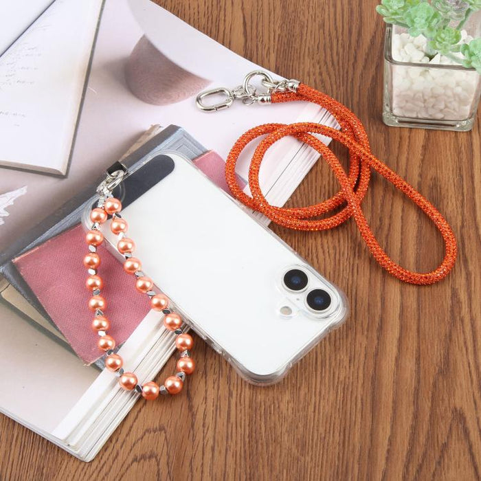 Cordón para teléfono con perlas y diamantes de imitación brillantes y cuentas de cristal desmontables.