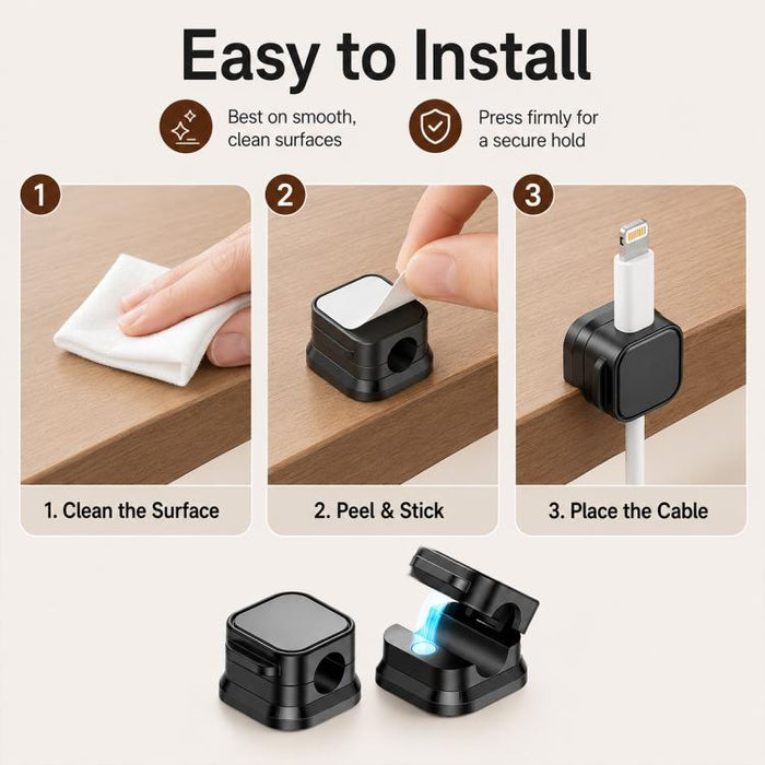 6 unidades / Juego de organizadores magnéticos para cables de datos, soportes para cables de datos de montaje en pared