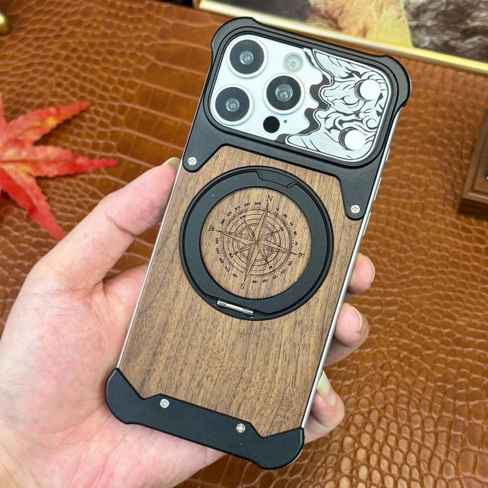 Funda magnética para teléfono con soporte giratorio de 360° con diseño de cara de caballo y madera de nogal, For iPhone 17 Pro Max, For iPhone 17 Pro, For iPhone 16 Pro Max, For iPhone 15 Pro Max, For iPhone 14 Pro Max, For iPhone 13 Pro Max