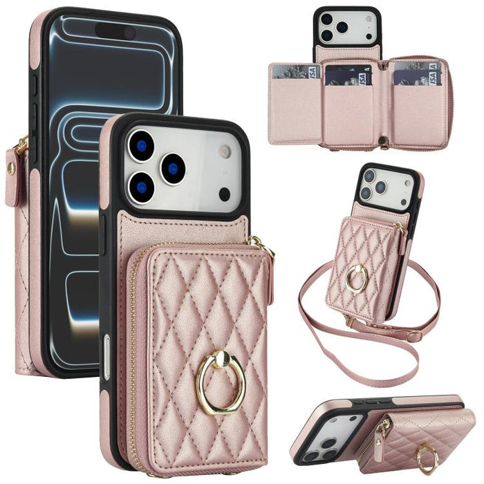 Cartera bandolera con cremallera y soporte para anillo romboidal, funda para teléfono con protección RFID, For iPhone 17 Pro Max, For iPhone 17 Pro