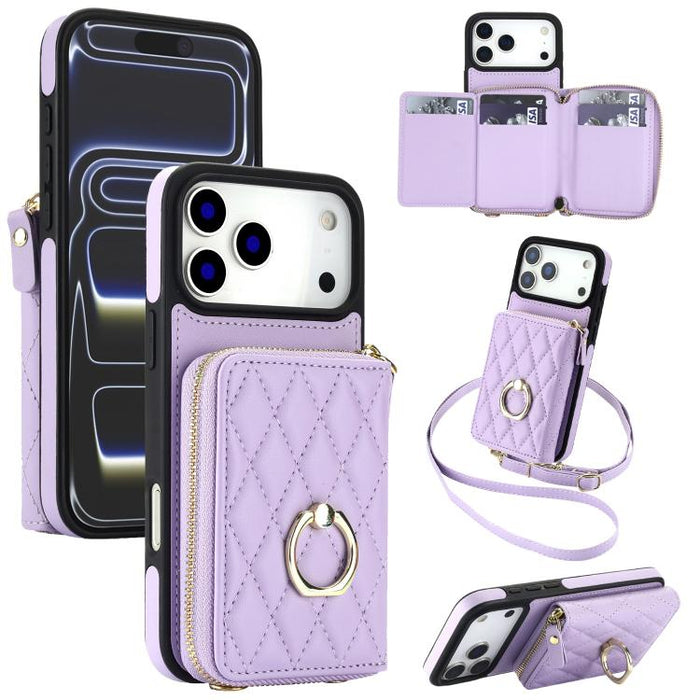 Cartera bandolera con cremallera y soporte para anillo romboidal, funda para teléfono con protección RFID, For iPhone 17 Pro Max, For iPhone 17 Pro