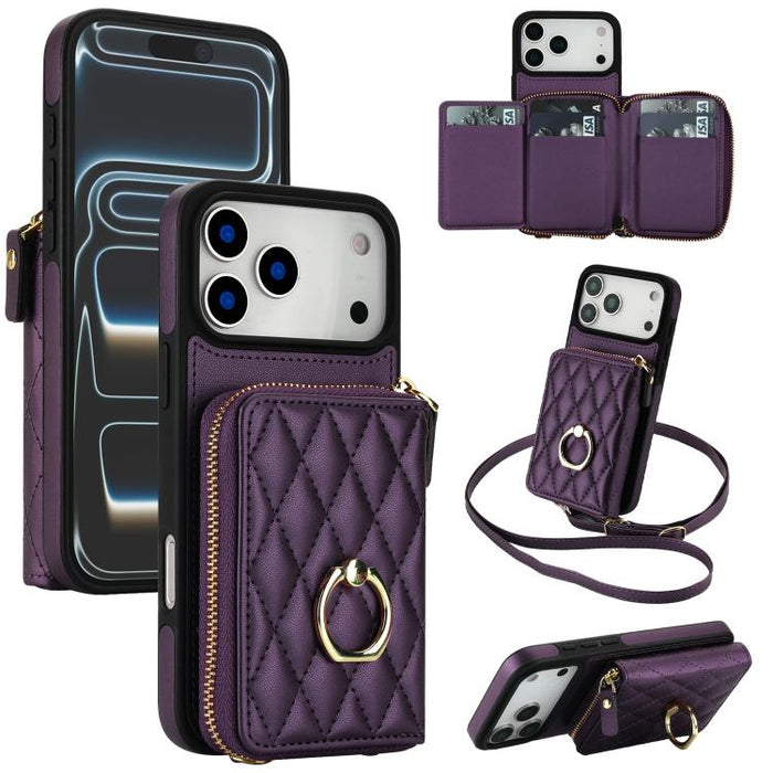 Cartera bandolera con cremallera y soporte para anillo romboidal, funda para teléfono con protección RFID, For iPhone 17 Pro Max, For iPhone 17 Pro