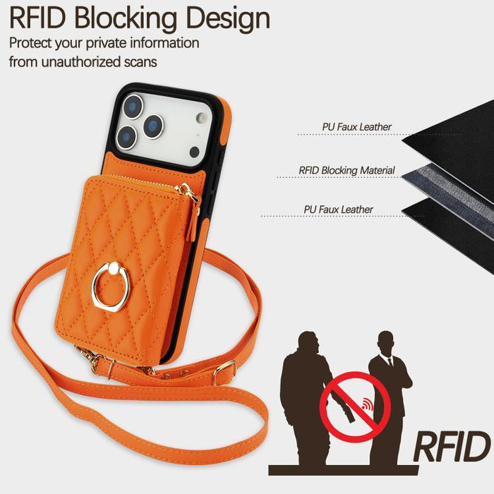Cartera bandolera con cremallera y soporte para anillo romboidal, funda para teléfono con protección RFID, For iPhone 17 Pro Max, For iPhone 17 Pro