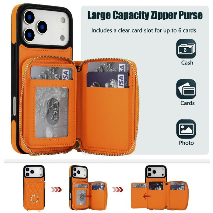Cartera bandolera con cremallera y soporte para anillo romboidal, funda para teléfono con protección RFID, For iPhone 17 Pro Max, For iPhone 17 Pro