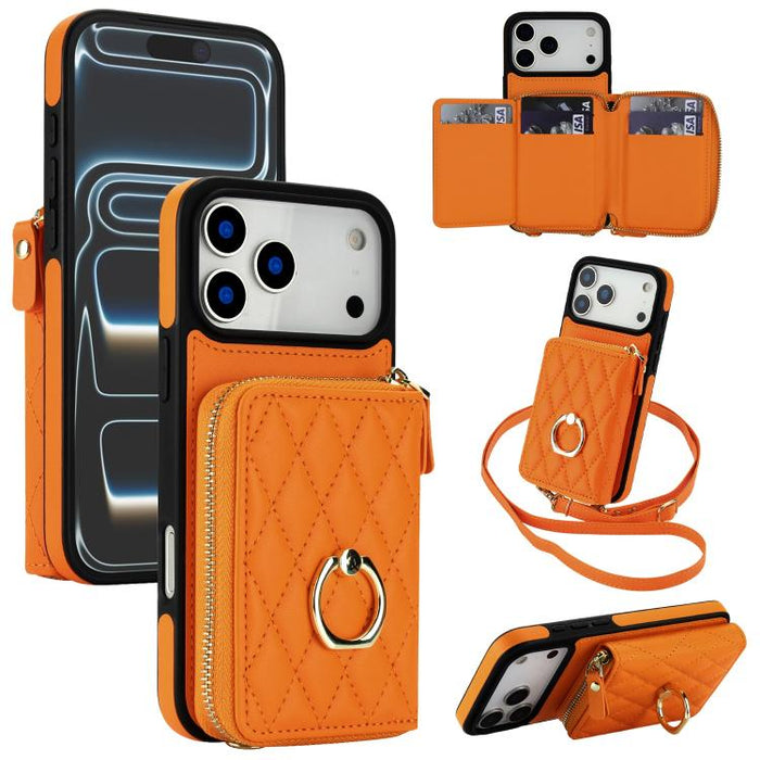 Cartera bandolera con cremallera y soporte para anillo romboidal, funda para teléfono con protección RFID, For iPhone 17 Pro Max, For iPhone 17 Pro