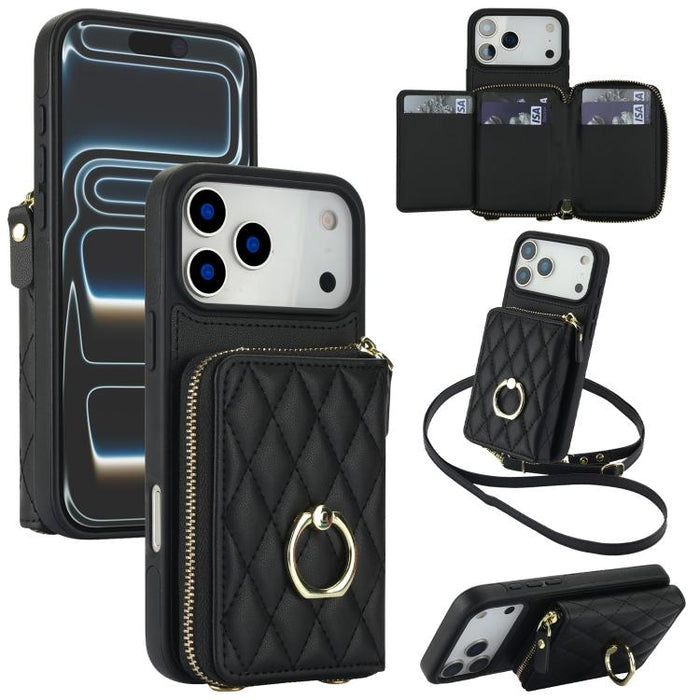 Cartera bandolera con cremallera y soporte para anillo romboidal, funda para teléfono con protección RFID, For iPhone 17 Pro Max, For iPhone 17 Pro