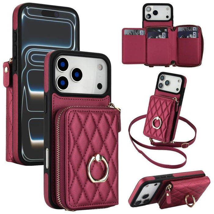 Cartera bandolera con cremallera y soporte para anillo romboidal, funda para teléfono con protección RFID, For iPhone 17 Pro Max, For iPhone 17 Pro