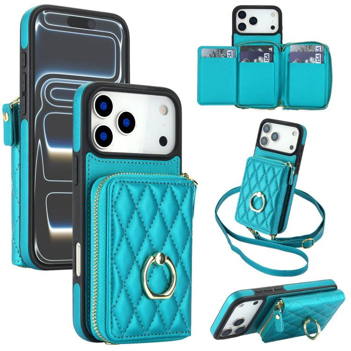 Cartera bandolera con cremallera y soporte para anillo romboidal, funda para teléfono con protección RFID, For iPhone 17 Pro Max, For iPhone 17 Pro