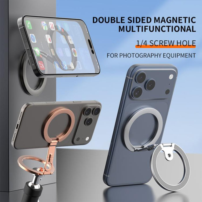 Soporte magnético plegable de doble cara con diseño de orificio para tornillo de cuarto de pulgada y giro de 360 grados para teléfono móvil.