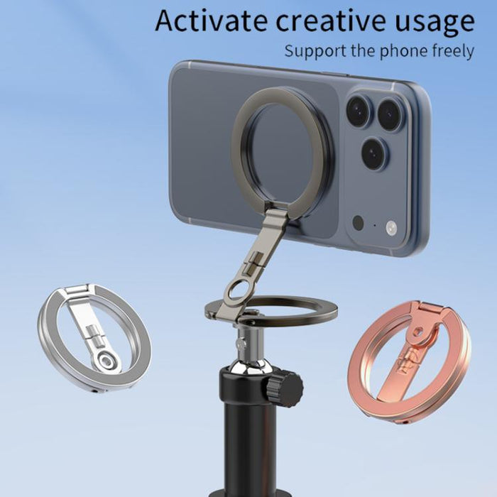 Soporte magnético plegable de doble cara con diseño de orificio para tornillo de cuarto de pulgada y giro de 360 grados para teléfono móvil.