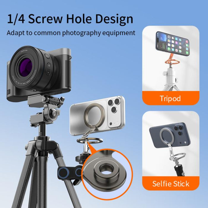 Soporte magnético plegable de doble cara con diseño de orificio para tornillo de cuarto de pulgada y giro de 360 grados para teléfono móvil.