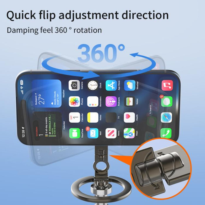 Soporte magnético plegable de doble cara con diseño de orificio para tornillo de cuarto de pulgada y giro de 360 grados para teléfono móvil.