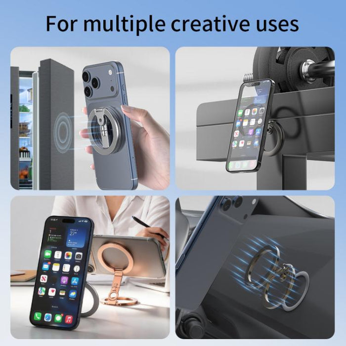 Soporte magnético plegable de doble cara con diseño de orificio para tornillo de cuarto de pulgada y giro de 360 grados para teléfono móvil.
