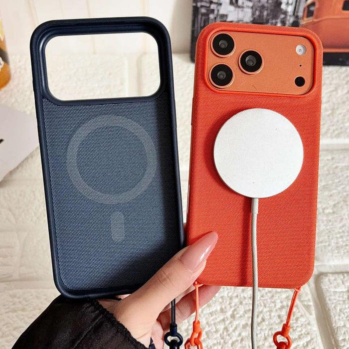 Funda magnética para teléfono con textura de tejido técnico, botón de IA y correa cruzada., For iPhone 17 Pro Max, For iPhone 17 Pro