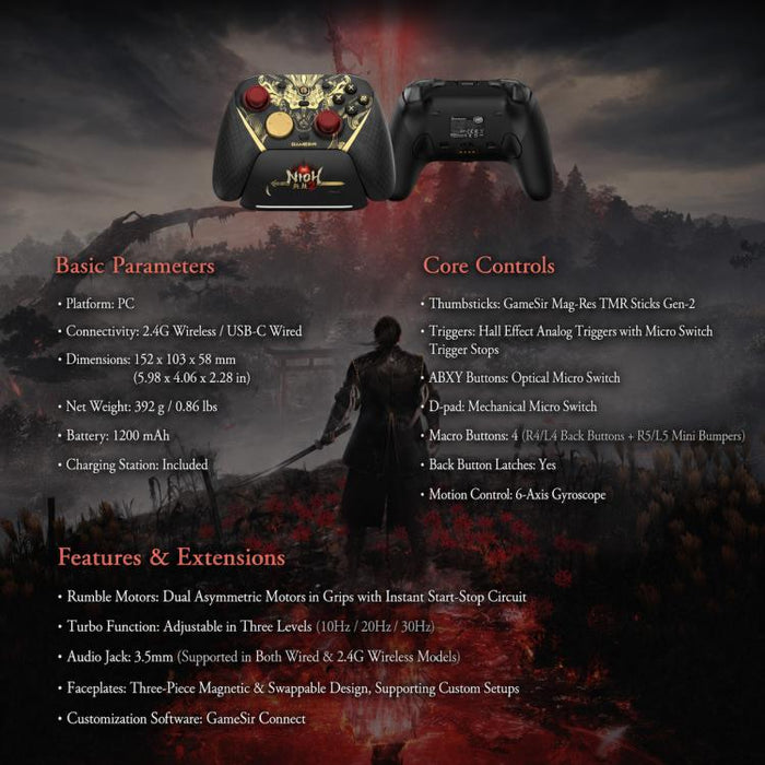 Mando de juegos GameSir G7 Pro 8K Bluetooth con cable e inalámbrico de tres modos, Nioh 3 Collab Edition, Champion Collab Edition