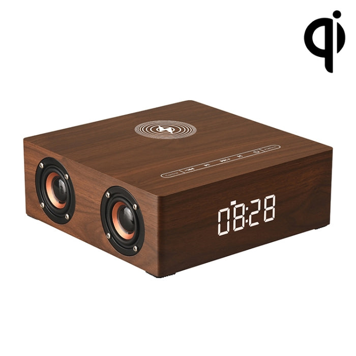 Q5A Pantalla de reloj táctil de madera multifuncional Altavoz Bluetooth de carga inalámbrica, compatible con tarjeta TF y disco U y AUX de 3,5 mm