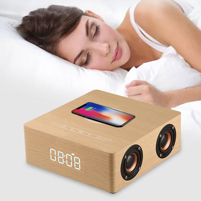 Q5A Pantalla de reloj táctil de madera multifuncional Altavoz Bluetooth de carga inalámbrica, compatible con tarjeta TF y disco U y AUX de 3,5 mm