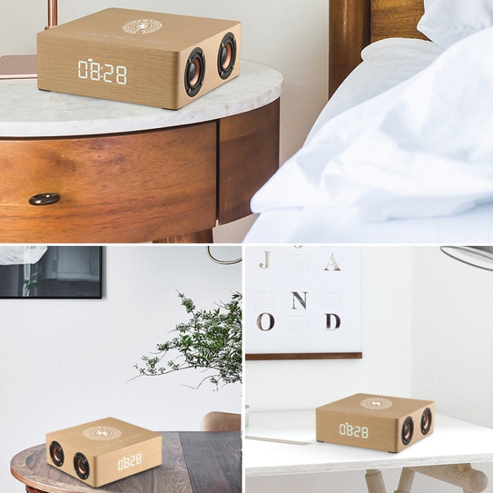 Q5A Pantalla de reloj táctil de madera multifuncional Altavoz Bluetooth de carga inalámbrica, compatible con tarjeta TF y disco U y AUX de 3,5 mm