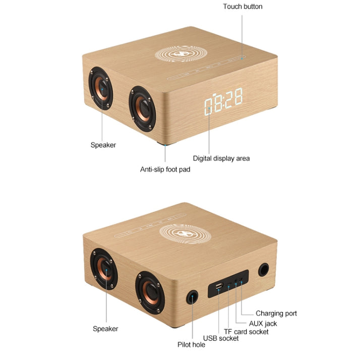 Q5A Pantalla de reloj táctil de madera multifuncional Altavoz Bluetooth de carga inalámbrica, compatible con tarjeta TF y disco U y AUX de 3,5 mm