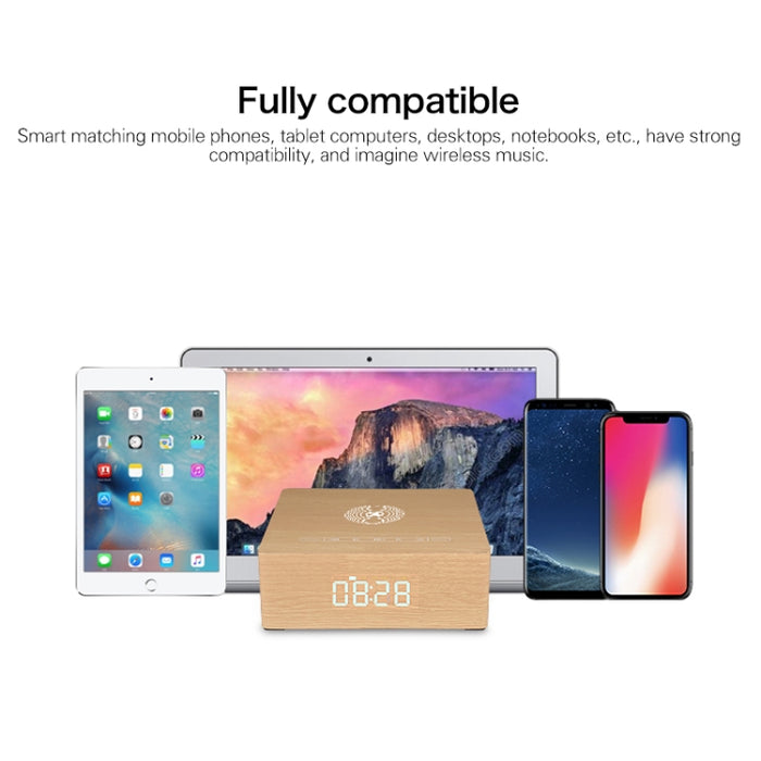 Q5A Pantalla de reloj táctil de madera multifuncional Altavoz Bluetooth de carga inalámbrica, compatible con tarjeta TF y disco U y AUX de 3,5 mm