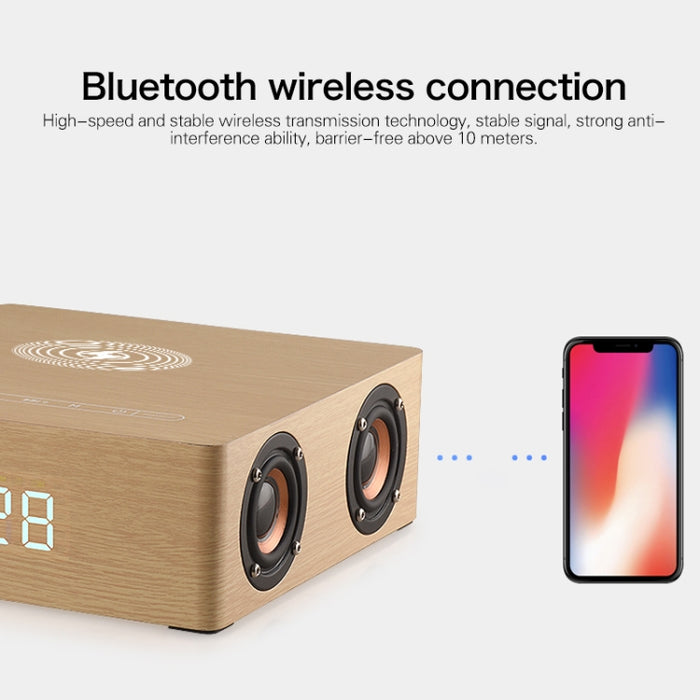 Q5A Pantalla de reloj táctil de madera multifuncional Altavoz Bluetooth de carga inalámbrica, compatible con tarjeta TF y disco U y AUX de 3,5 mm