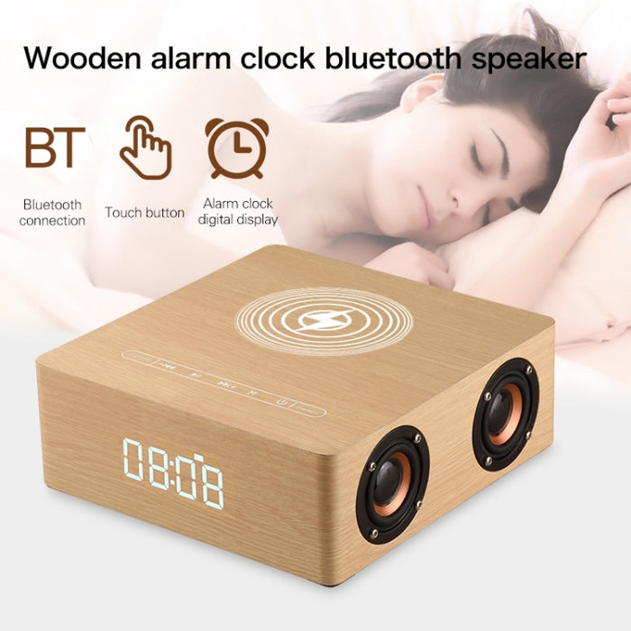 Q5A Pantalla de reloj táctil de madera multifuncional Altavoz Bluetooth de carga inalámbrica, compatible con tarjeta TF y disco U y AUX de 3,5 mm