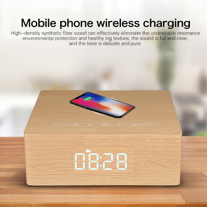 Q5A Pantalla de reloj táctil de madera multifuncional Altavoz Bluetooth de carga inalámbrica, compatible con tarjeta TF y disco U y AUX de 3,5 mm