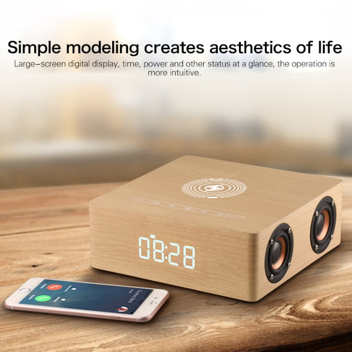 Q5A Pantalla de reloj táctil de madera multifuncional Altavoz Bluetooth de carga inalámbrica, compatible con tarjeta TF y disco U y AUX de 3,5 mm