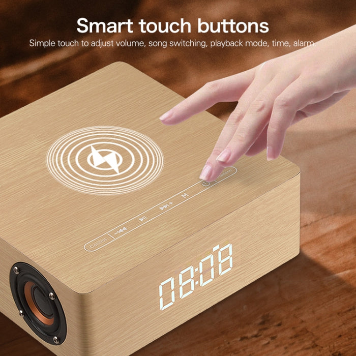 Q5A Pantalla de reloj táctil de madera multifuncional Altavoz Bluetooth de carga inalámbrica, compatible con tarjeta TF y disco U y AUX de 3,5 mm