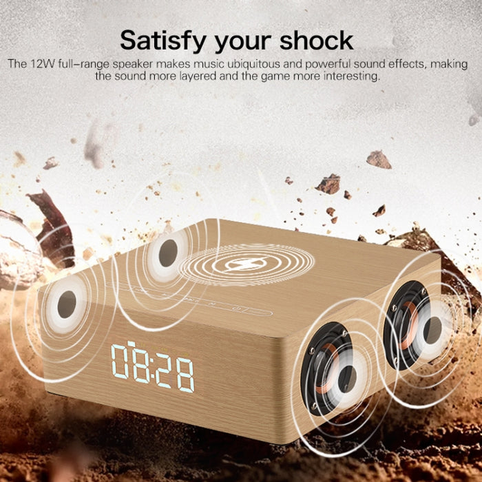 Q5A Pantalla de reloj táctil de madera multifuncional Altavoz Bluetooth de carga inalámbrica, compatible con tarjeta TF y disco U y AUX de 3,5 mm