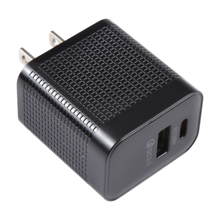 PD 20W USB-C/Type-C+QC 3.0 Puertos USB Cargador de viaje con patrón a cuadros, enchufe de EE. UU.