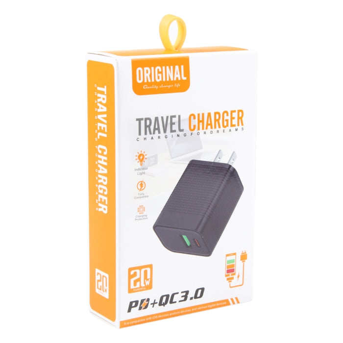 PD 20W USB-C/Type-C+QC 3.0 Puertos USB Cargador de viaje con patrón a cuadros, enchufe de EE. UU.