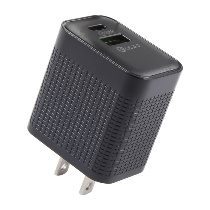 PD 20W USB-C/Type-C+QC 3.0 Puertos USB Cargador de viaje con patrón a cuadros, enchufe de EE. UU.