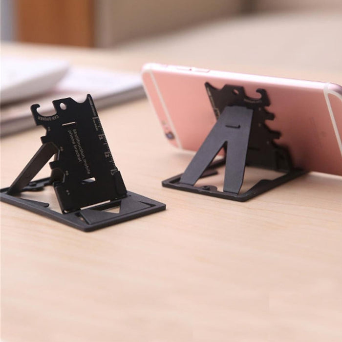 Soporte plegable multifunción para teléfono con abrebotellas y tarjetas de herramientas de acero inoxidable