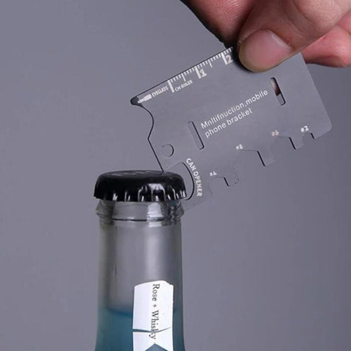 Soporte plegable multifunción para teléfono con abrebotellas y tarjetas de herramientas de acero inoxidable