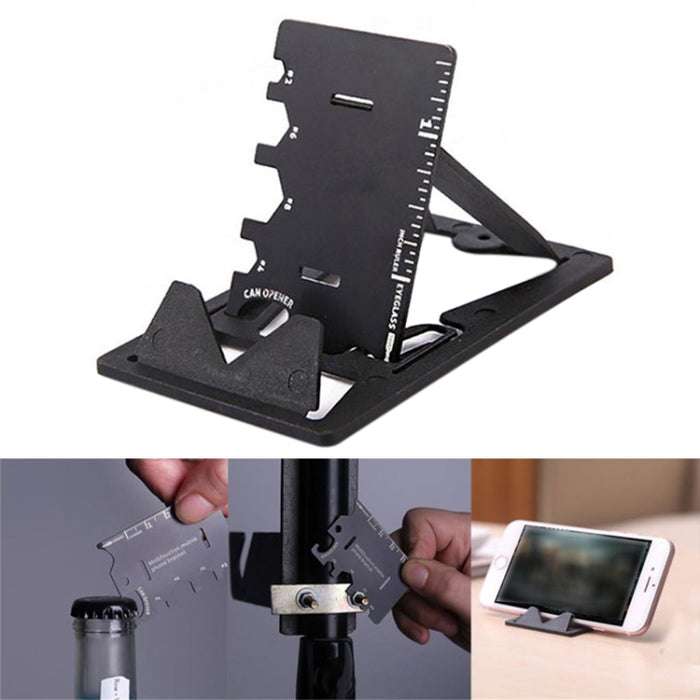 Soporte plegable multifunción para teléfono con abrebotellas y tarjetas de herramientas de acero inoxidable