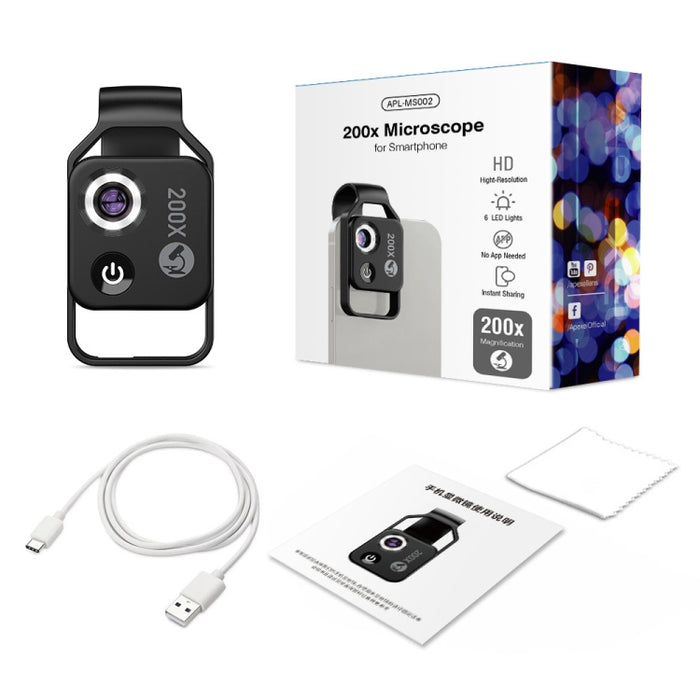 APEXEL APL-MS002BK 200X HD Microscopio portátil universal para teléfono móvil con luz LED