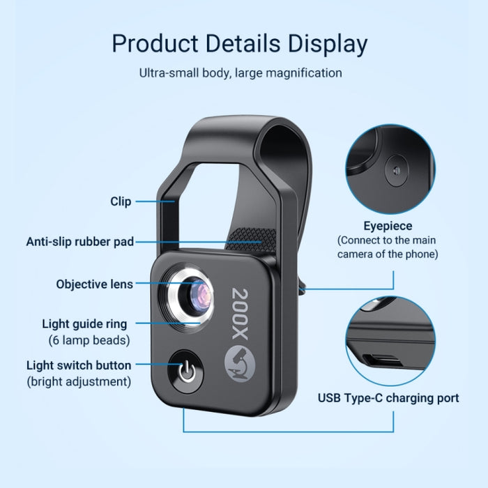 APEXEL APL-MS002BK 200X HD Microscopio portátil universal para teléfono móvil con luz LED