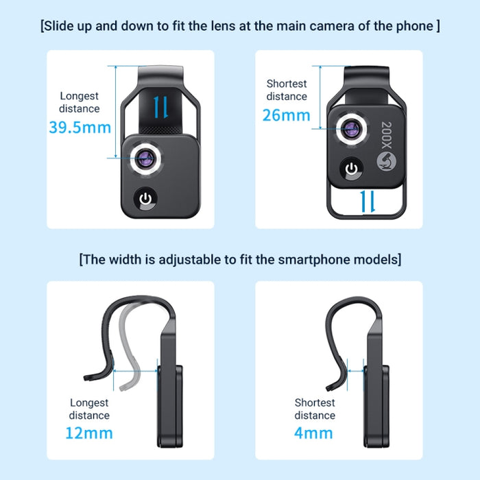 APEXEL APL-MS002BK 200X HD Microscopio portátil universal para teléfono móvil con luz LED