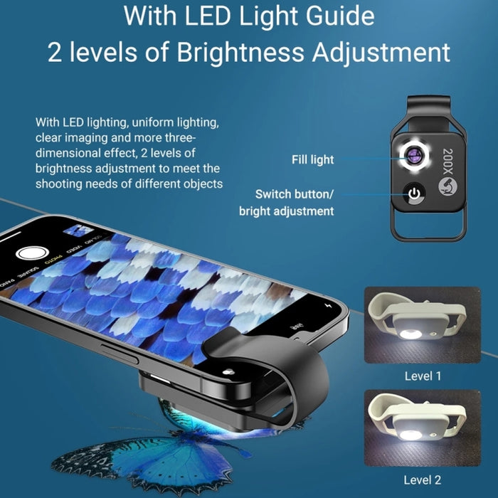 APEXEL APL-MS002BK 200X HD Microscopio portátil universal para teléfono móvil con luz LED