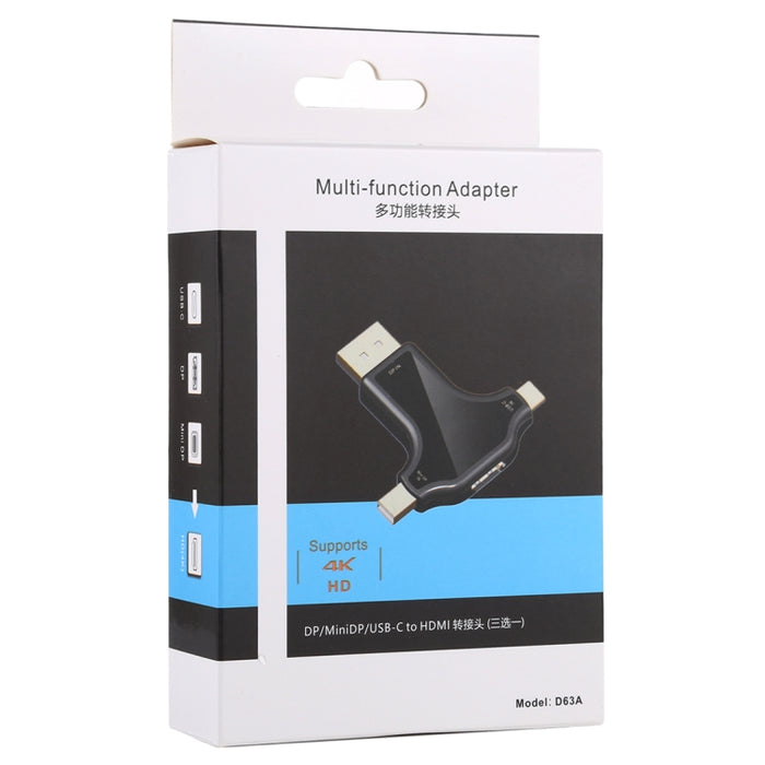 Adaptador D63A DisplayPort + Mini DP + UCB-C / Type-C macho a HDMI hembra 3 en 1
