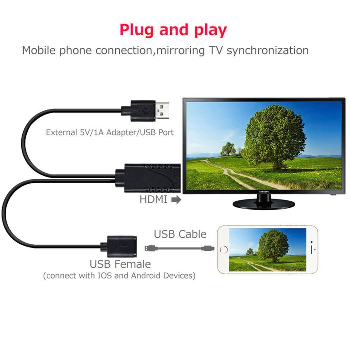 1080P USB 2.0 macho + USB 2.0 hembra a HDMI HDTV Cable adaptador AV para iPhone / iPad, teléfonos inteligentes Android