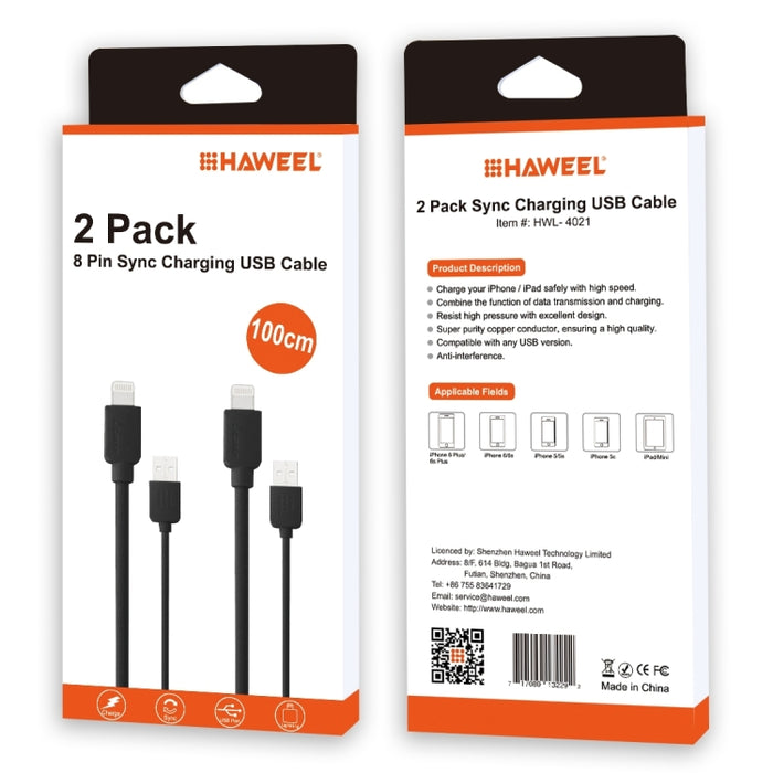 2 PCS HAWEEL 1m Alta velocidad 8 pines a USB Kit de cable de carga y sincronización para iPhone, iPad, 2pcs