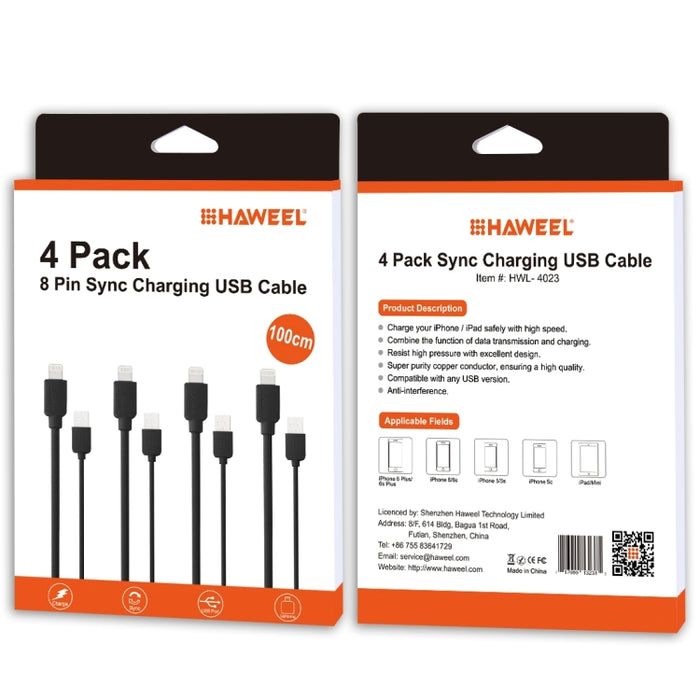 4 PCS HAWEEL 1m Kit de cable de carga y sincronización de alta velocidad de 8 pines a USB para iPhone, iPad