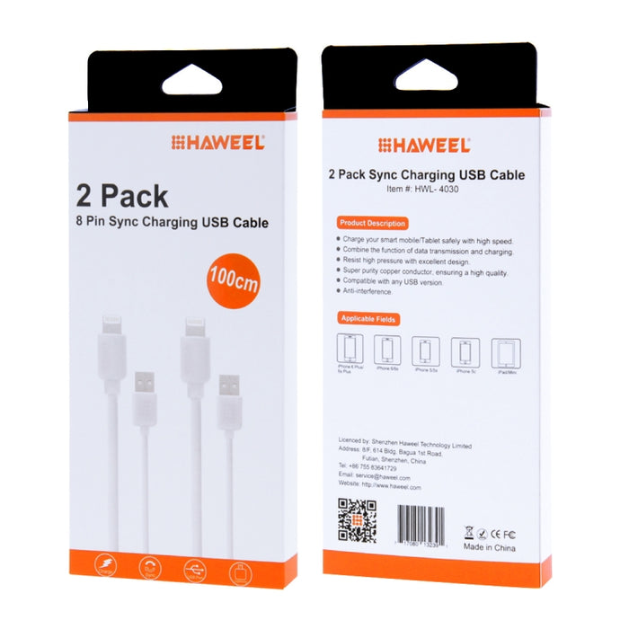 2 PCS HAWEEL 1m Alta velocidad 8 pines a USB Kit de cable de carga y sincronización para iPhone, iPad