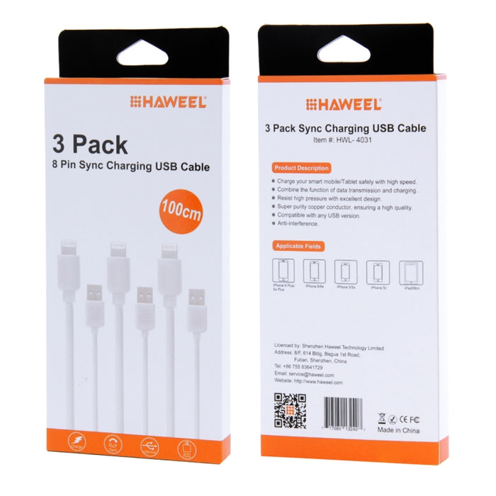 3 PCS HAWEEL 1m Alta velocidad 8 pines a USB Kit de cable de carga y sincronización para iPhone, iPad