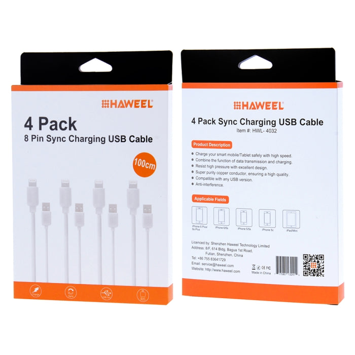 4 PCS HAWEEL 1m Kit de cable de carga y sincronización de alta velocidad de 8 pines a USB para iPhone, iPad, 4pcs