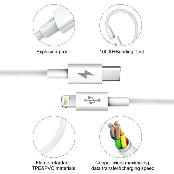Cable de carga rápida HAWEEL 25W 3A USB-C / Type-C a 8 pines PD para iPhone, iPad, longitud del cable: 2 m
