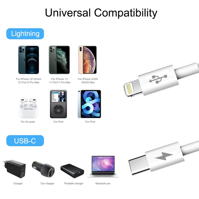 Cable de carga rápida HAWEEL 25W 3A USB-C / Type-C a 8 pines PD para iPhone, iPad, longitud del cable: 2 m